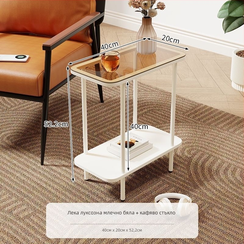 Кафе маса за дневна с дървена рамка и стъклена повърхност, квадратна форма, с отделение за съхранение, стил светъл лукс