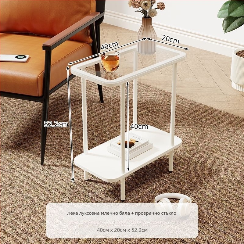 Кафе маса за дневна с дървена рамка и стъклена повърхност, квадратна форма, с отделение за съхранение, стил светъл лукс