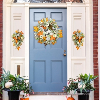 Пластмасов есенен венец с тиква, листа с зайчешки уши и ягодна гирлянда за украса на входната врата, Zonghong