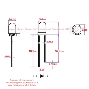 LED индикаторна капсула с директно включване, 20 mA, 1.8–2.2 V, 0.06 W, чип Sanan, 30° зрителен ъгъл