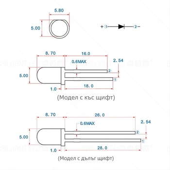 F5 LED светодиодна капсула, 20 mA, 3.0–3.4 V, 0.06 W, 20° лъчение, Sanan чип