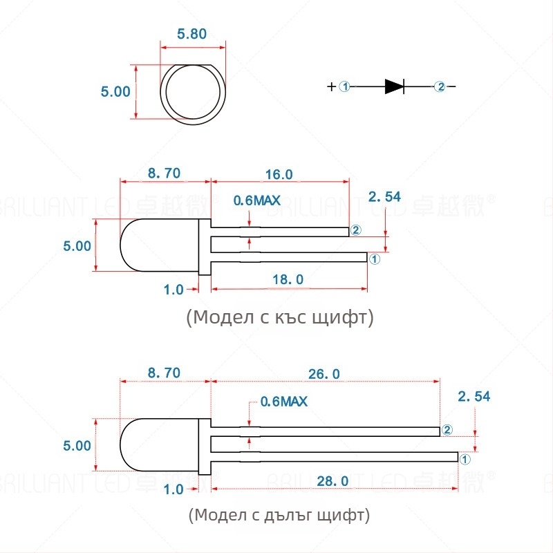 F5 LED светодиодна капсула, 20 mA, 3.0–3.4 V, 0.06 W, 20° лъчение, Sanan чип