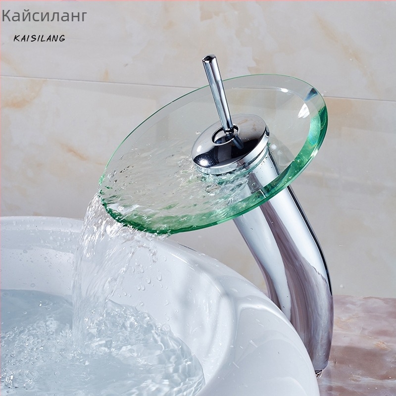 Медно водопадно стъклено кранче за мивка, с едно дупче, смесител, модел KSL-1010, 0–85°C, 1–10 bar, керамичен клапан