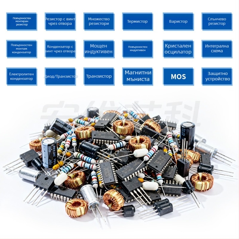 BOM поръчка за електронни компоненти: резистори, кондензатори, транзистори; марки: Yageo, Fenghua, Huosheng, Aihua, Changjing; напрежение: 1–10k