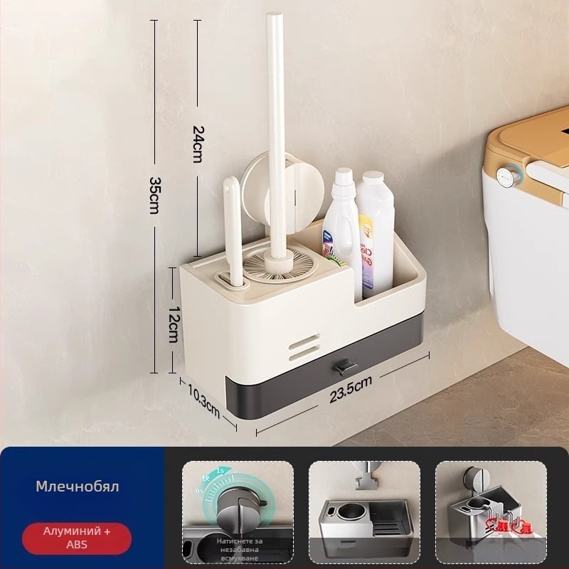 Xinyan Баня: Стенен държач за четка за тоалетна със вакуумно закрепване и рафт за баня, товароносимост 20 кг, модел 001-M04-NB, пластмасово покритие
