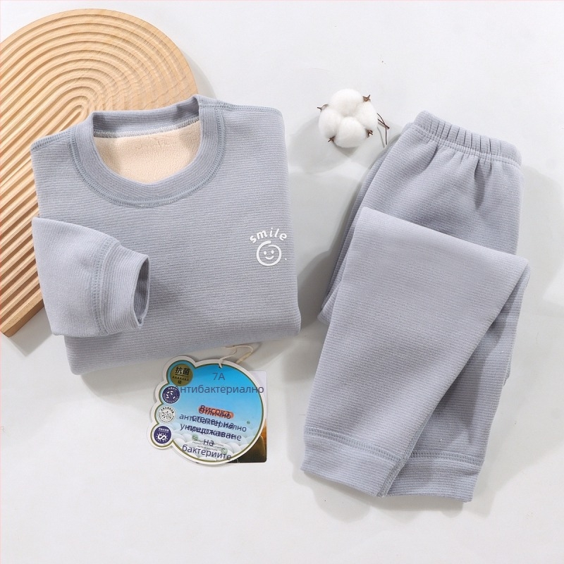 Детски термален комплект бельо - Ao-grain велур подплата, дебелен, есенно-зимни пижами за деца 3–8 г, кръгло деколте