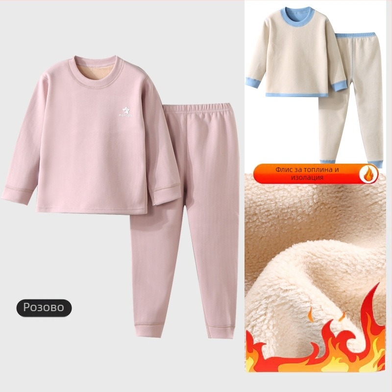 Детски термален комплект бельо - Ao-grain велур подплата, дебелен, есенно-зимни пижами за деца 3–8 г, кръгло деколте