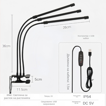 LED лампа за растеж на растения със щипка, пълен спектър за разсад и билки, 5V вход, IP45, ABS корпус
