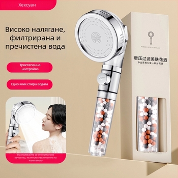 Душ глава с повишено налягане и филтрация, ABS корпус, филтрация с дехлориране и отрицателни йони, три режима на водния поток, работна температура 0–99°C