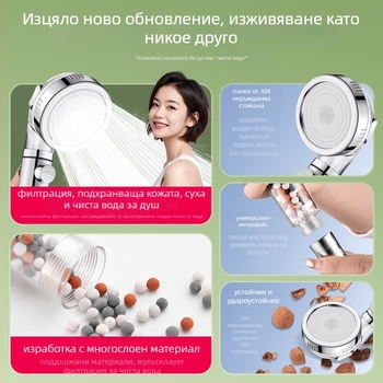 Душ глава с повишено налягане и филтрация, ABS корпус, филтрация с дехлориране и отрицателни йони, три режима на водния поток, работна температура 0–99°C