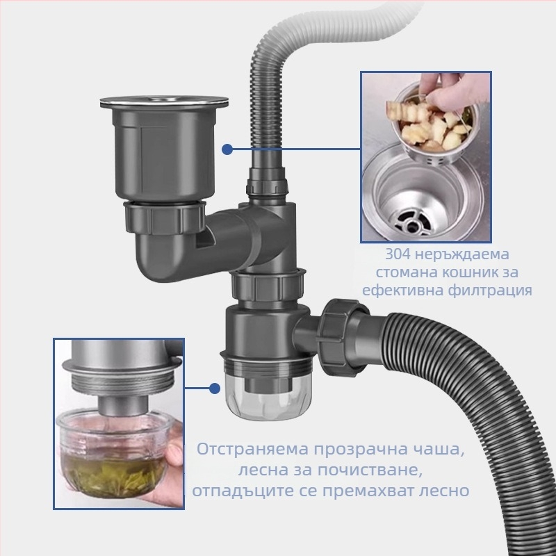 Кухненски маркуч за оттичане с антиобратен поток AFL-8104, неръждаема стомана, двоен слот, прибиращ се