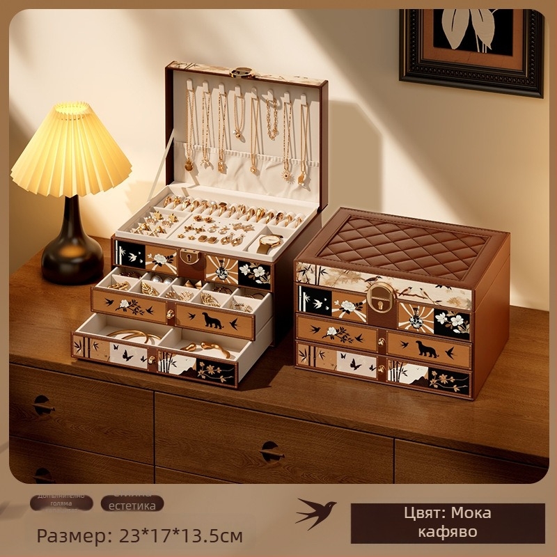 Кожена кутия за съхранение на бижута, модел 4244d, капацитет 18 л, многофункционална, модерен минималистичен стил