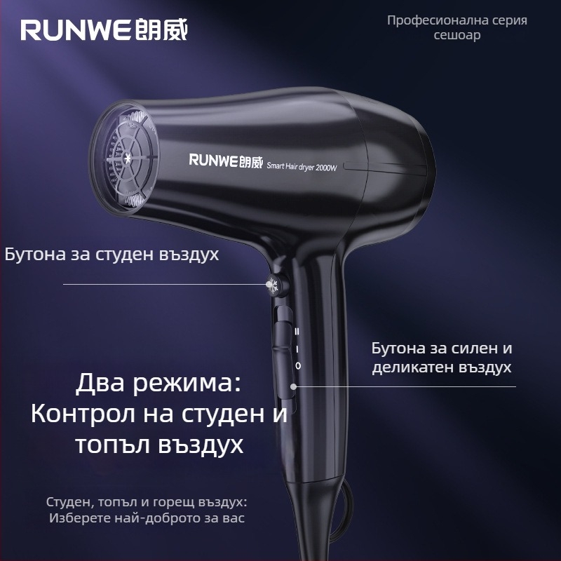 Професионален сешоар за фризьорски салон с мощен четков мотор, 2000W, 220V, горещ и студен въздух, синя светлина и отрицателни йони