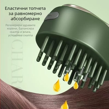 Електрически апликатор за коса с ролер за есенциално масло и подхранване на скалпа, модел 665, тегло 35–40 g, размери 7.8 × 5.6 × 5.2 cm, ефективност: контрол на омазняването, против пърхот, против сърбеж, успокояване на скалпа