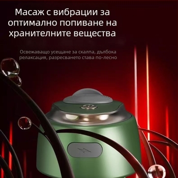 Електрически апликатор за коса с ролер за есенциално масло и подхранване на скалпа, модел 665, тегло 35–40 g, размери 7.8 × 5.6 × 5.2 cm, ефективност: контрол на омазняването, против пърхот, против сърбеж, успокояване на скалпа