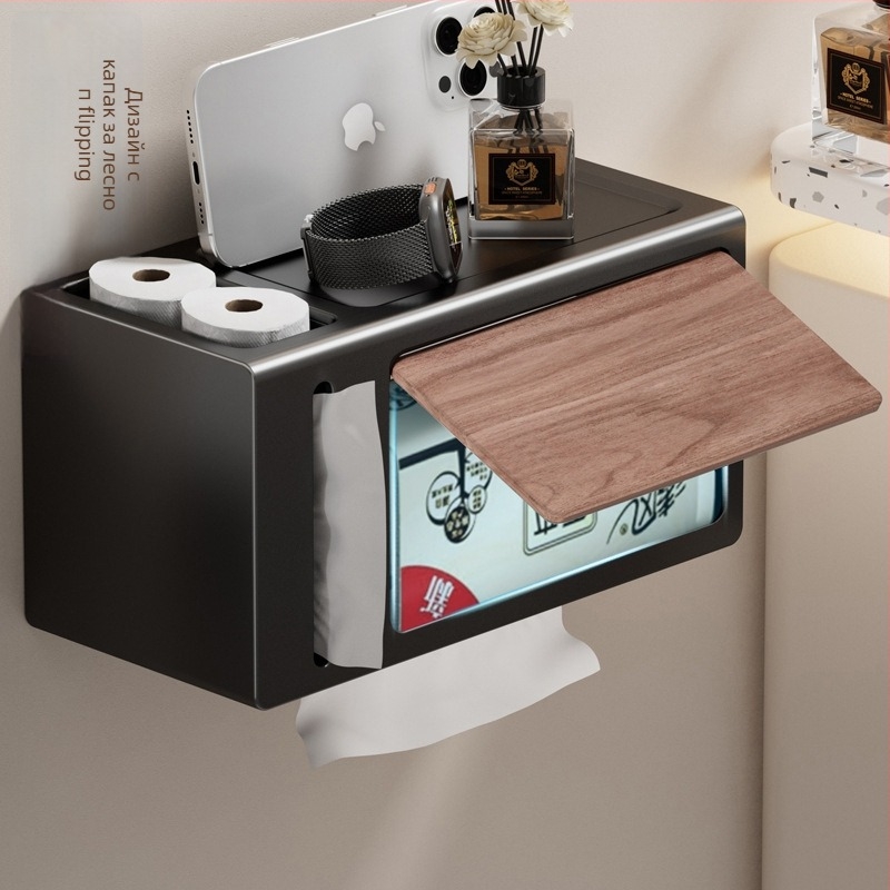 Безпробивен държач за хартиени кърпи с орехова дървесна шарка, стенен монтаж с капак, водоустойчив, квадратна форма, материал: въглеродна стомана + ABS