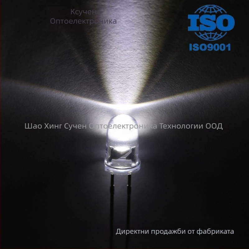 F5 Plug-In LED индикатор, с висока яркост, кръгла глава, 2.8–3.0 V, 20 mA, 0.06 W, зрителен ъгъл 15–20°, светлинна ефективност 90