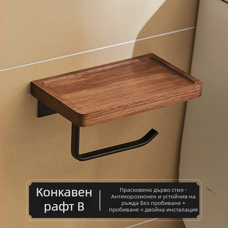 Стенно монтиран държач за тоалетна хартия и кутия за салфетки – без пробиване, квадратен дизайн, стил лукс, материал: дърво и алуминий