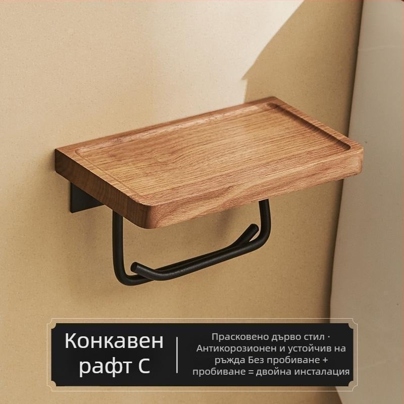 Стенно монтиран държач за тоалетна хартия и кутия за салфетки – без пробиване, квадратен дизайн, стил лукс, материал: дърво и алуминий