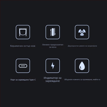 Подстригвач за коса с презареждащ се двигател, четков мотор, титаново острие, вградена батерия 1000-1200 mAh, време за работа 1-3 ч.