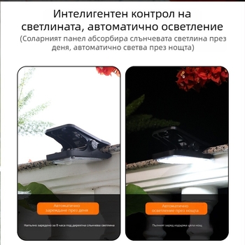 Соларна клип лампа с детектор за движение за външно ползване – водоустойчива стенна лампа за огради, бяла/топла светлина, 5W, 3.7V, 6–12 ч осветяване