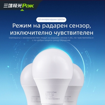 LED лампа с радарен сензор за коридори и стълбища, E27 резба, 220V, 95 lm/W, модел PAK543071/PAK543072