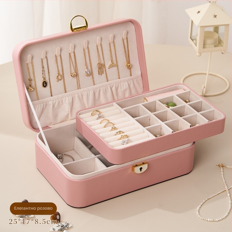 Двуетажна кожена кутия за бижута с ключалка, антиоксидантно покритие, мултифункционално съхранение на бижута
