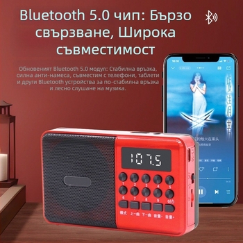 C6 многофункционално Bluetooth радио MP3 караоке плеър с цифров дисплей; USB/TF възпроизвеждане; 5W изход; SNR ≥53 dB; Батерия 1000–1999 mAh