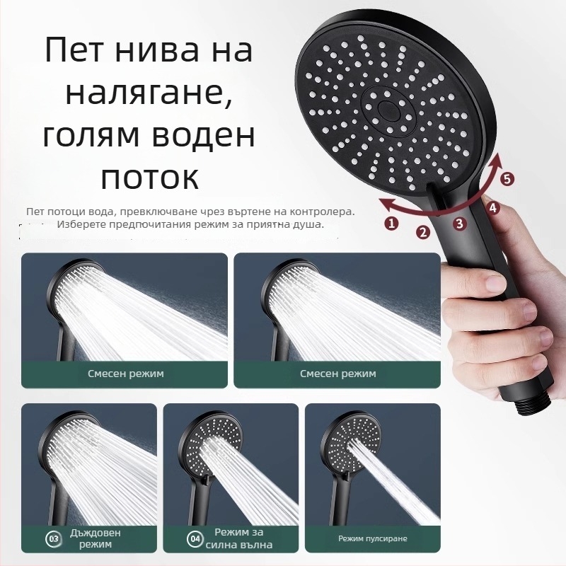 Душ глава с повишено налягане, петскоростно регулиране на потока, голям панел на изхода и универсален интерфейс