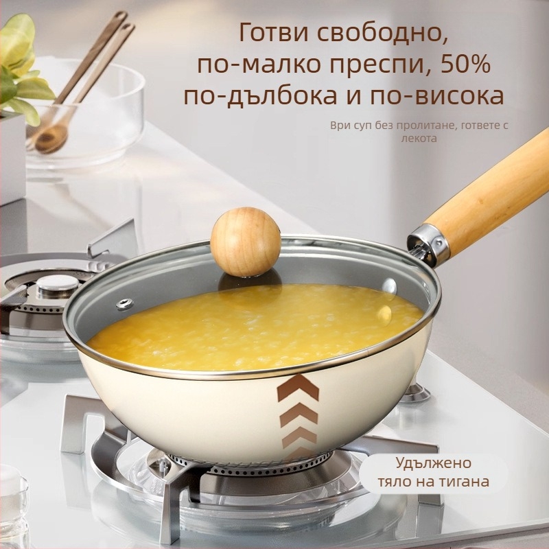 Вок тиган от въглеродна стомана, многослойно дъно, индукционно съвместим, без покритие, стъклен капак