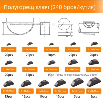 Комплект въглеродни стоманени ключови щифтове, 530 броя, кръгли, полу‑кругли и заоблени паралелни ключове