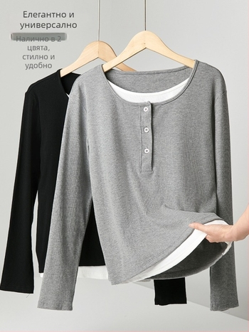 Т-шърт от вискозна смес с спандекс, дълги ръкави, свободна кройка, кръгло деколте.