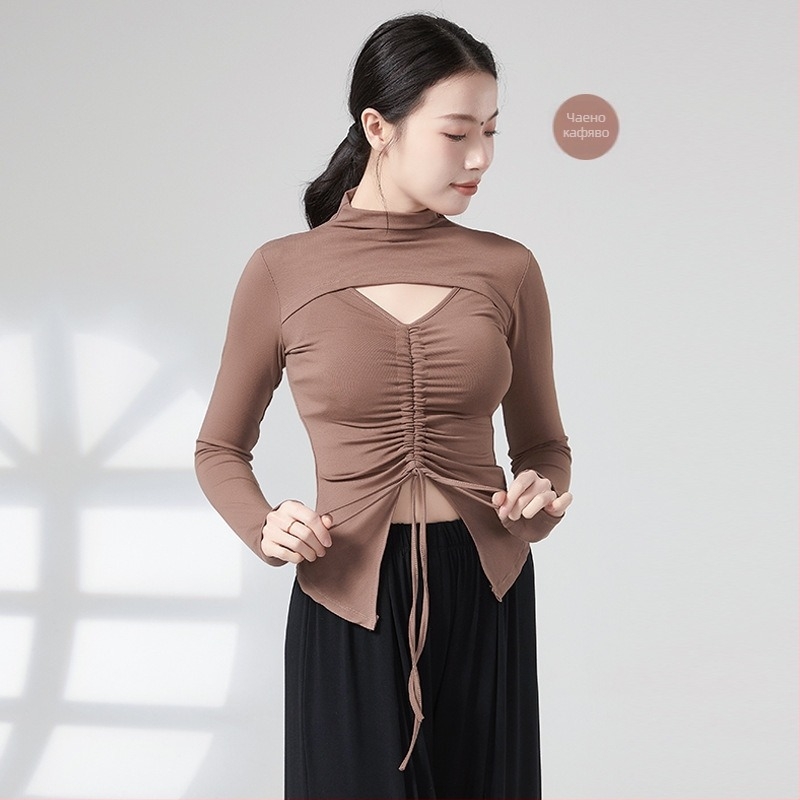 Дамски топ за танцова практика с връзка и цип, дълъг ръкав, телесно оформящ силует, материя: вискоза 93%