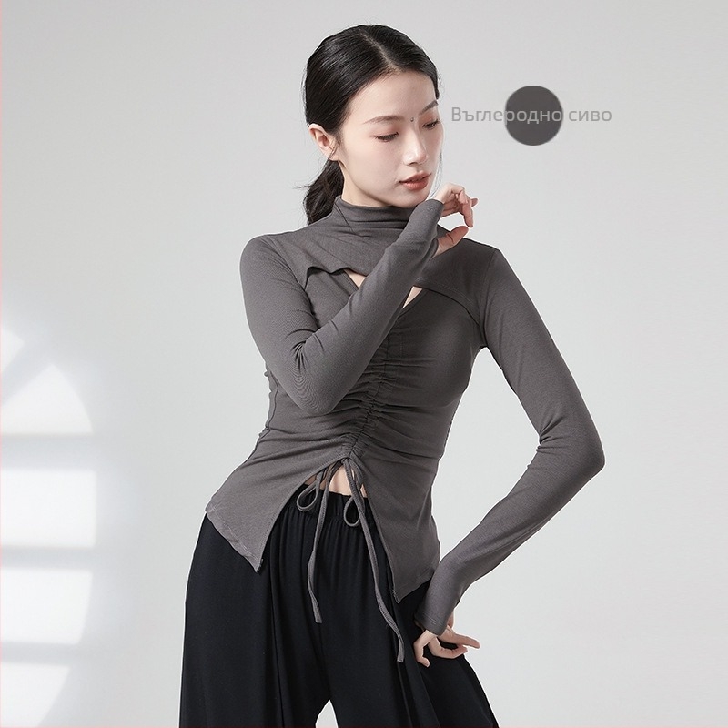 Дамски топ за танцова практика с връзка и цип, дълъг ръкав, телесно оформящ силует, материя: вискоза 93%