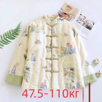 Палто от коприна-памук с геометричен принт, кръгло деколте, дълги ръкави, едноредово копчено закопчаване