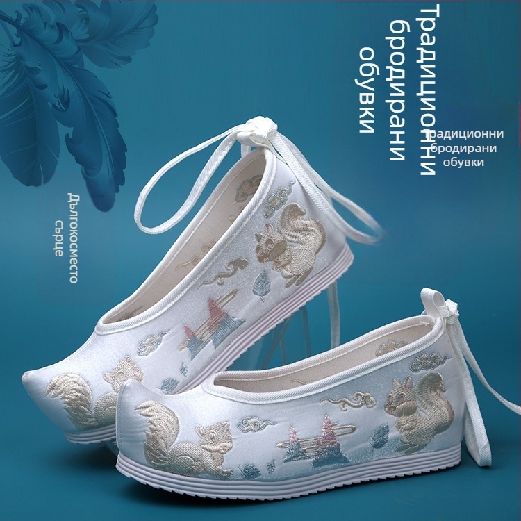 Ханфу дамски обувки с вътрешно повдигане на височината, Мин стил, антична бродирана флорална тъкан, горно от микрофибър, заострен нос, висок горен край, клиновиден ток 6–8 см