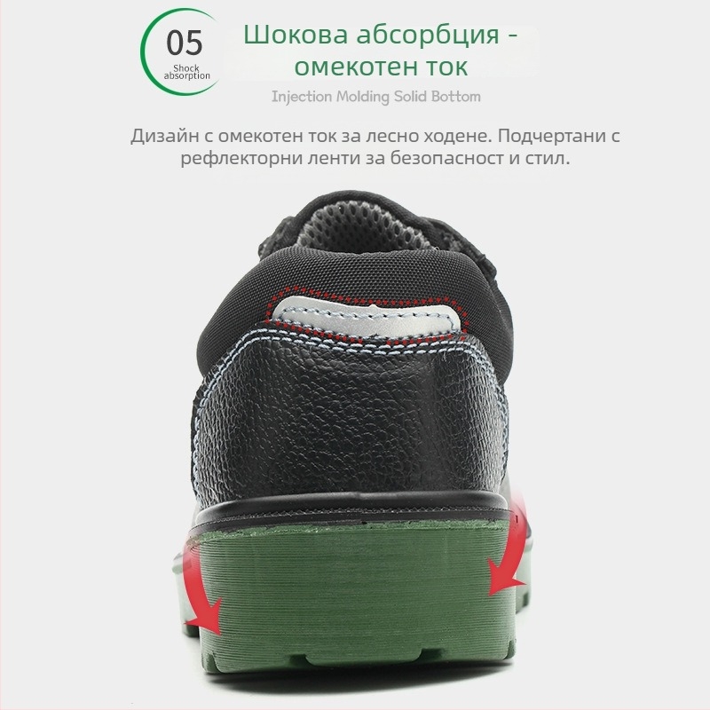 Защитни обувки за работа с антиразбиване и антипрокол; кожа от крави, железен нос, нисък горен дизайн; подходящи за въгледобив, нефт, химия, електроенергия, корабостроене, строителство, хотели и работилници