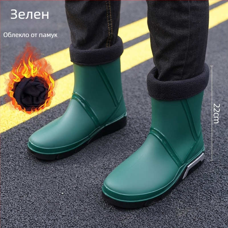 Мъжки PVC дъждовни ботуши, средна височина до глезена, мрежеста подплата, кръгъл нос, плосък ток