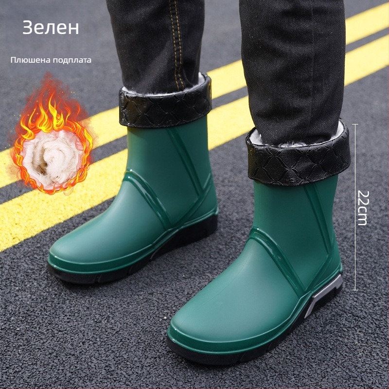 Мъжки PVC дъждовни ботуши, средна височина до глезена, мрежеста подплата, кръгъл нос, плосък ток