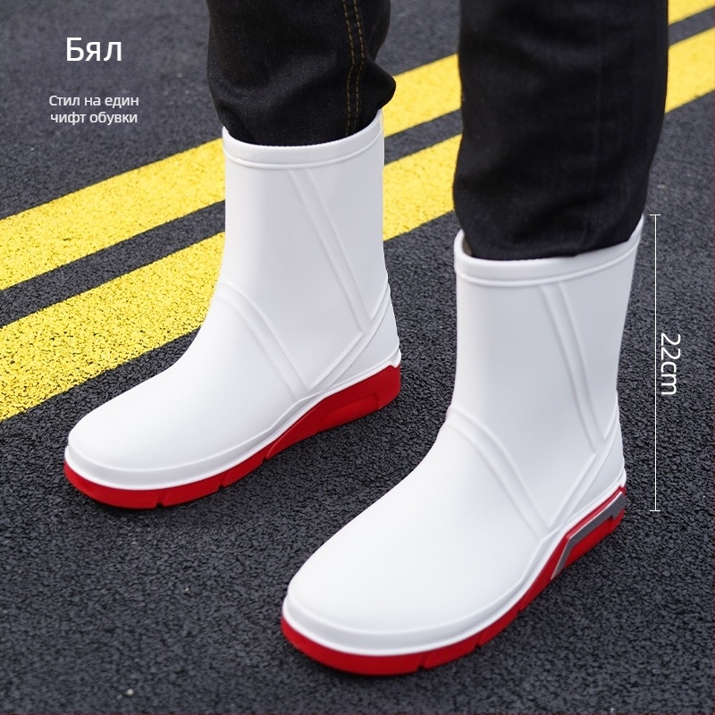 Мъжки PVC дъждовни ботуши, средна височина до глезена, мрежеста подплата, кръгъл нос, плосък ток