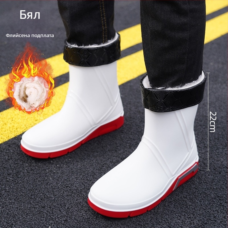 Мъжки PVC дъждовни ботуши, средна височина до глезена, мрежеста подплата, кръгъл нос, плосък ток