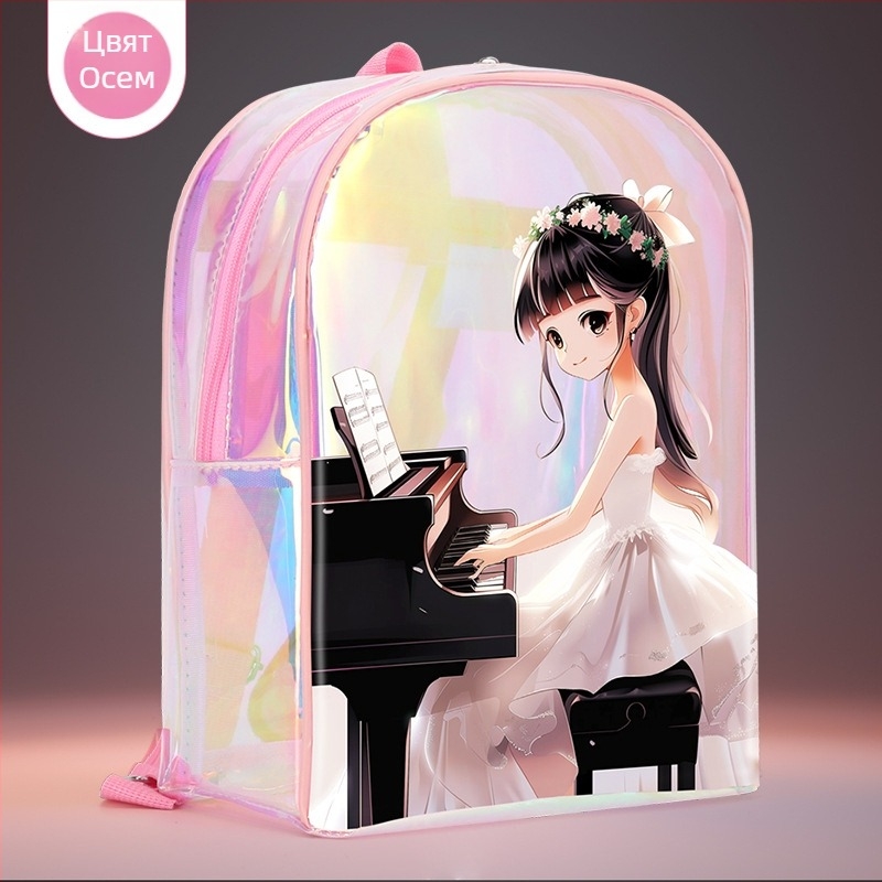 Детска танцова раница за момичета от PU материал – извита презрамка, принт с аниме карикатурен мотив, за вътрешни спортове