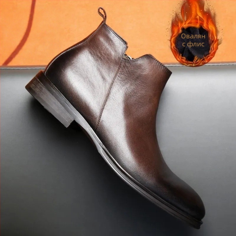 Мъжки Chelsea ботуши от естествена кожа, квадратен пръст, странична ципа, средно висока горна част, нисък клин