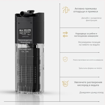 Потопяема аквариумна помпа с три в едно филтриране и циркулация, пластмасово тяло, филтър‑памук