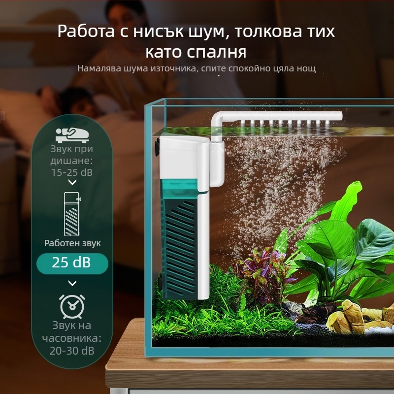 Аквариумен филтър-помпа: малък, многофункционален филтър с вградена циркулационна помпа, вълнова аерация и потапяем душ за малки аквариуми • Материал: пластмаса • Марка: Kyung ye • Тегло: 173 g