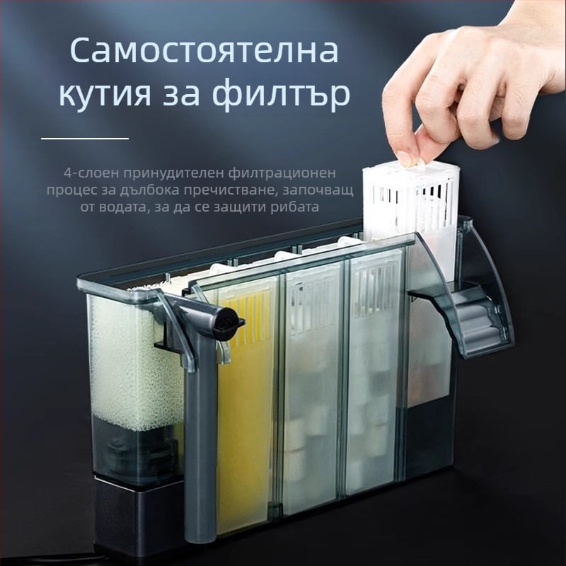 Yee външен филтър за аквариум, стенен монтаж, компактен 3-в-1 филтър с тиха работа, мембрана за отстраняване на маслена плака и циркулация на водата