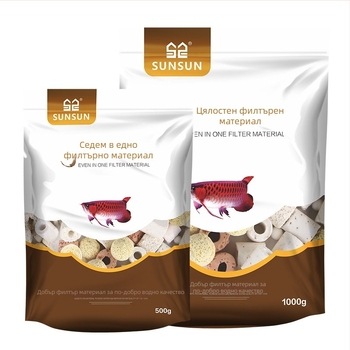 Аквариумен филтър материал – седем в едно филтриране с керамична пръстен, биохимични топчета, майфан камък и вулканичен камък; тегло 0,5 кг; марка Sensen; за сладководни риби