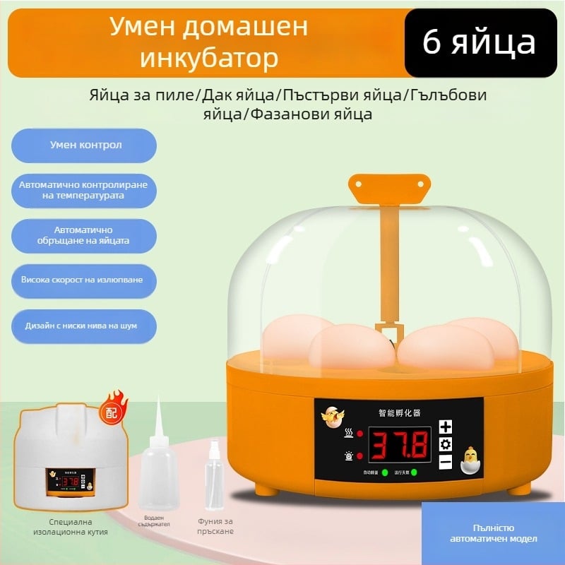 Инкубатор за яйца за домашна употреба с автоматично обръщане на яйцата, капацитет 6 яйца, за люпене на пилета и пъдпъдъци