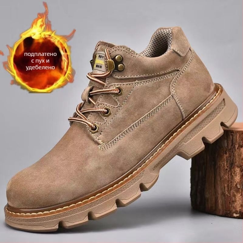 Мъжки зимни ботуши от свинска кожа, горен слой, подплатени флийс, корейски стил нисък връх, плоска подметка, шевна конструкция