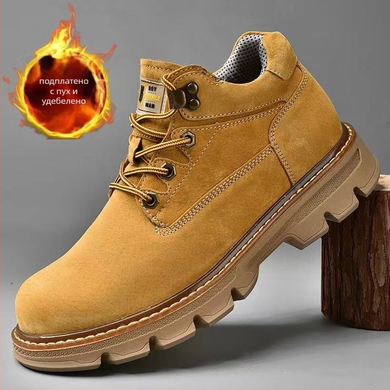 Мъжки зимни ботуши от свинска кожа, горен слой, подплатени флийс, корейски стил нисък връх, плоска подметка, шевна конструкция